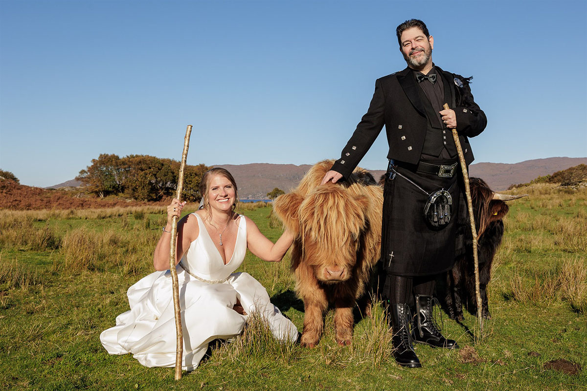 A couple on their wedding day with Highland Cow Tours photography by Lynne Kennedy Photography